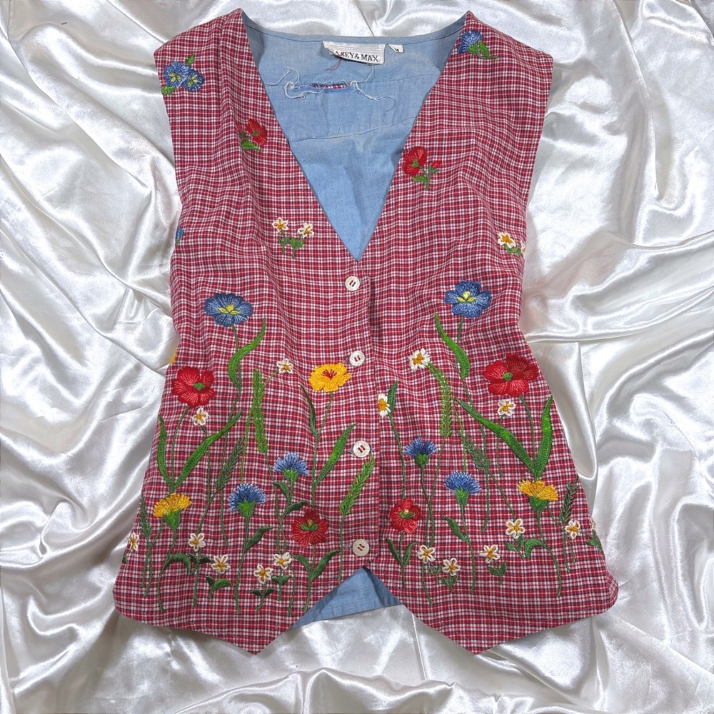 Vintage Vest Red Good Casey & Max Gingham Embroidered Floral Cottagecore M